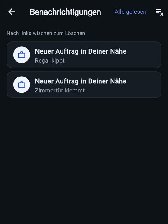 Die App: Benachrichtigungen eines Nachbarn mit „Neuer Auftrag in Deiner Nähe: Regal kippt“