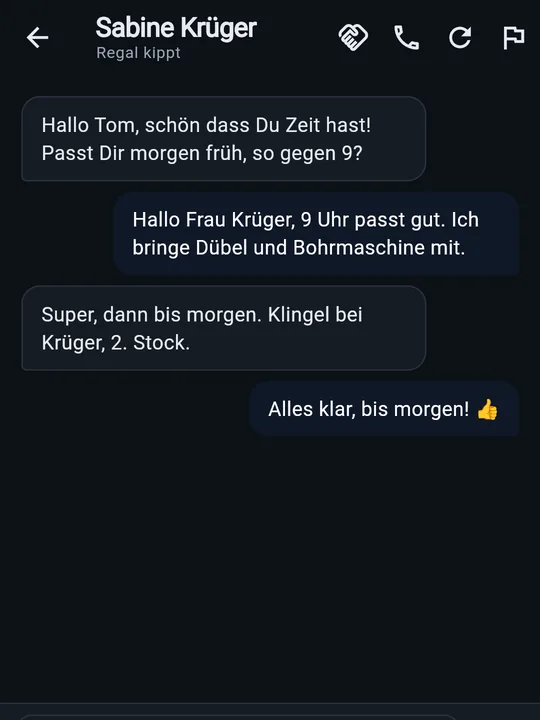 Die App: Chat zwischen Auftraggeberin und Nachbar, Termin für morgen früh um 9 abgestimmt