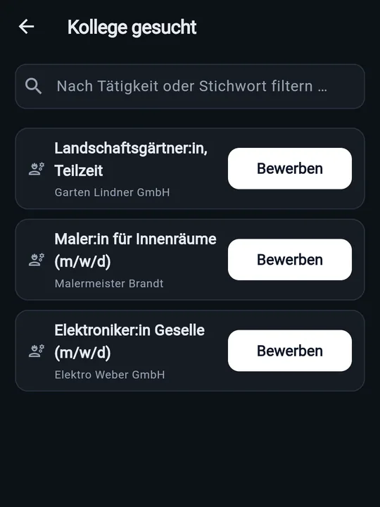 Die App: Liste „Kollege gesucht“ mit Gesuchen von drei Betrieben und dem Knopf „Bewerben“